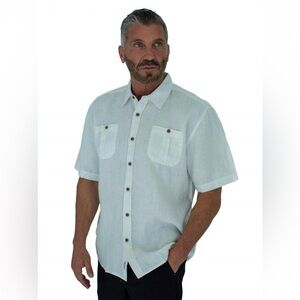 Short Fin Resort Wear Men’s Short Sleeve White Linen Shirt 3XL 2 Front Pockets